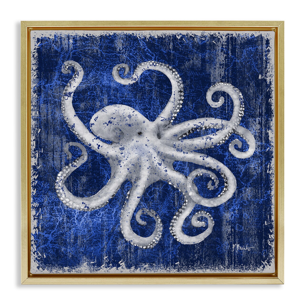 Stupell Industries Rustic Indigo Octopus Floater Framed Canvas Wall Art Design by Paul Brent